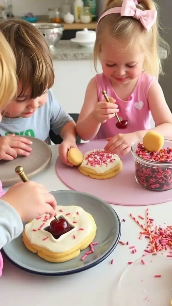 Children decorating cookies with frosting, sprinkles, and cherries. Fun baking activity with kids at home for a creative dessert experience.
