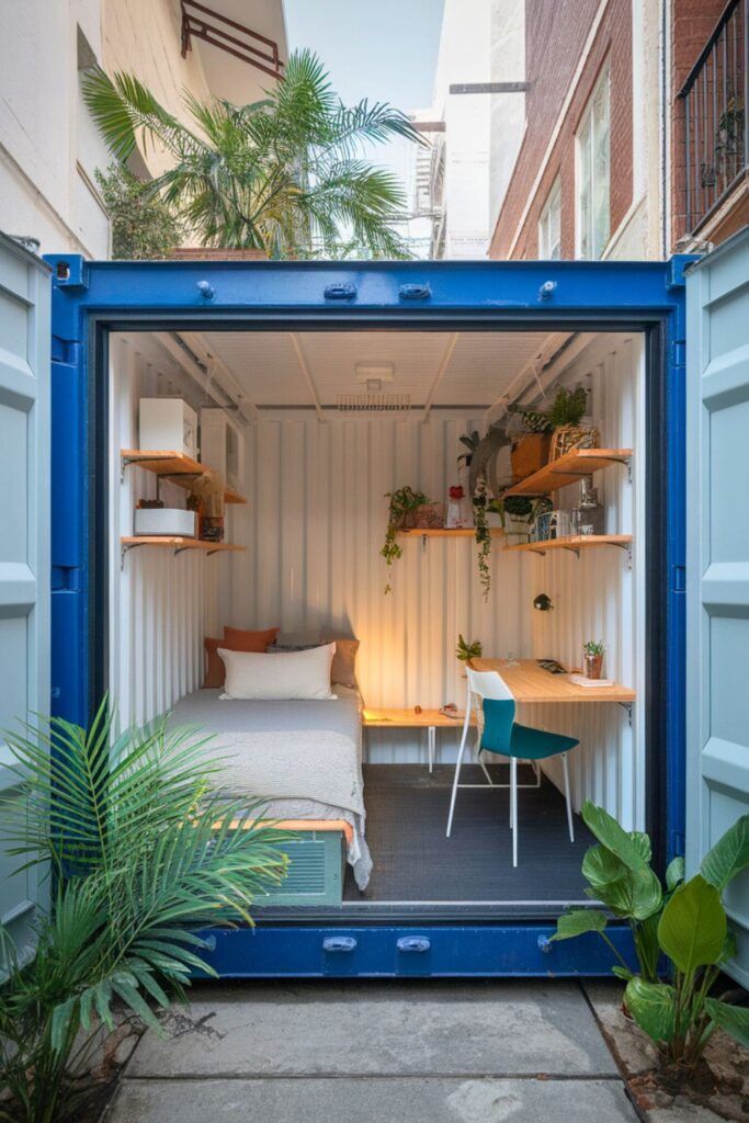 Ksa Container Cozy shipping container home with bed, desk, and plants, showcasing creative tiny living design and innovative urban space utilization. | Sky Rye Design Cozy shipping container home with bed, desk, and plants, showcasing creative tiny living design and innovative urban space utilization.