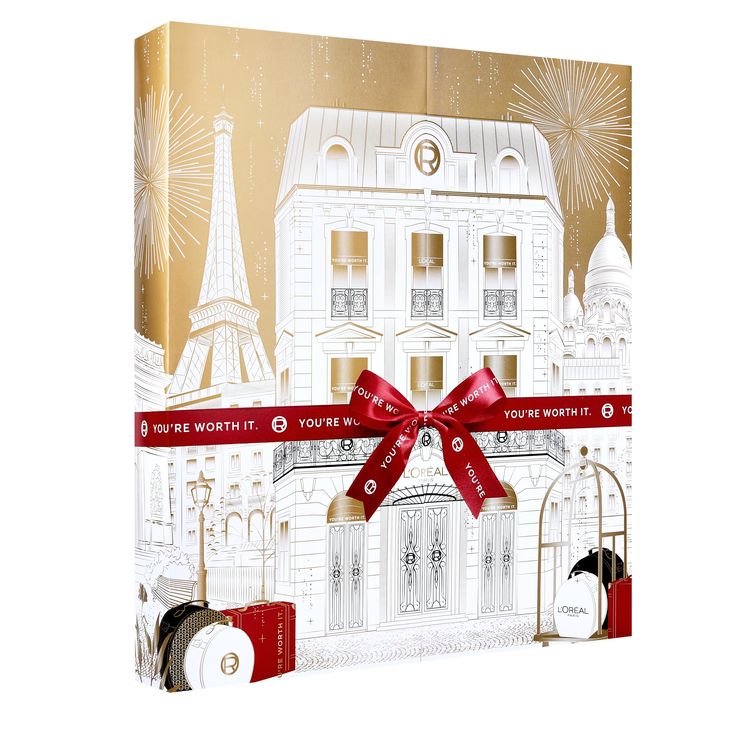 Elegant gift box featuring Parisian landmarks, decorated with a red You're Worth It ribbon. Perfect for beauty and travel lovers.