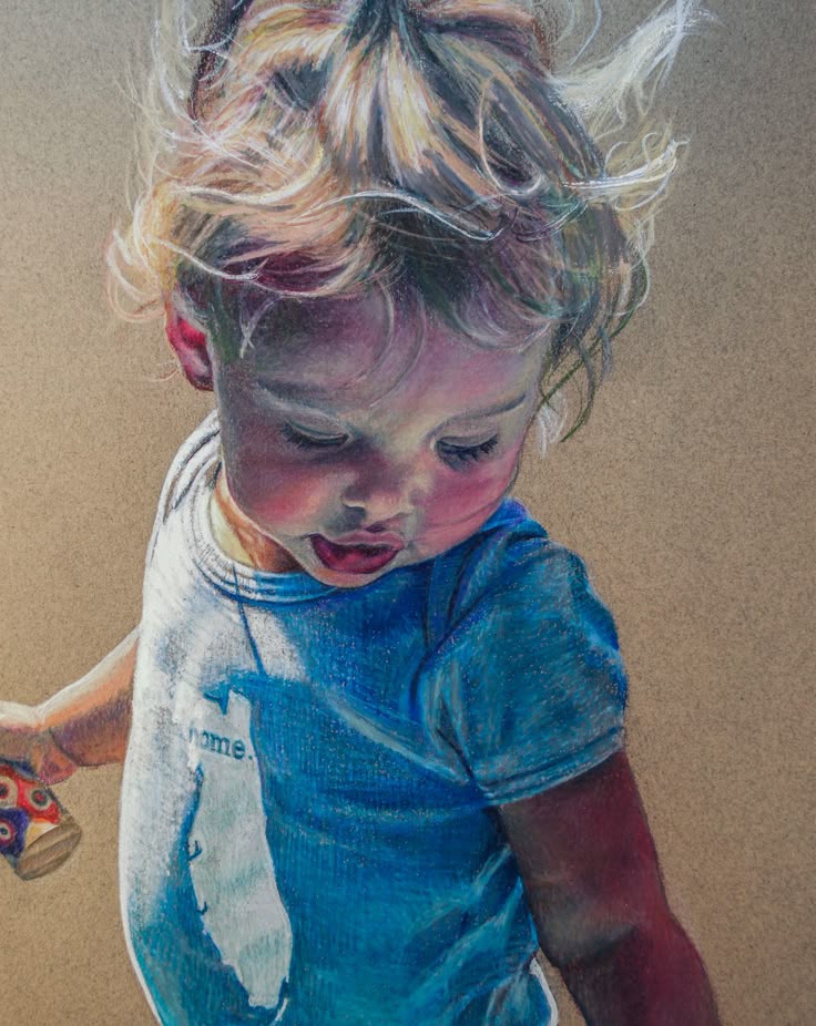 _Leighton_ kevinthomasartist Illustrated child with curly hair wearing a blue t-shirt, holding a colorful toy, gazing down thoughtfully against a soft background. | Sky Rye Design Illustrated child with curly hair wearing a blue t-shirt, holding a colorful toy, gazing down thoughtfully against a soft background.