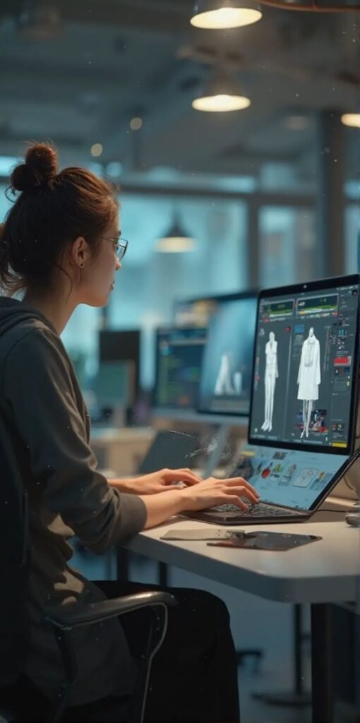 Les Métiers de la Mode en Pleine Evolution Young woman designing 3D models on a computer in a modern tech office environment. | Sky Rye Design Young woman designing 3D models on a computer in a modern tech office environment.