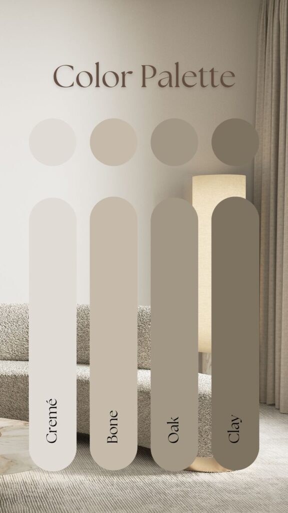 Light Beige Color Palette 🤍 Neutral color palette featuring Cremé, Bone, Oak, and Clay swatches in a modern interior with textured sofa and floor lamp. | Sky Rye Design Neutral color palette featuring Cremé, Bone, Oak, and Clay swatches in a modern interior with textured sofa and floor lamp.