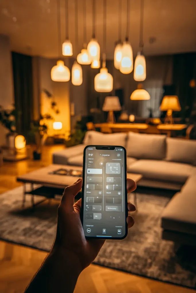 Hand holding smartphone with smart home app, controlling ambient lighting in a cozy living room with modern decor and hanging lights.