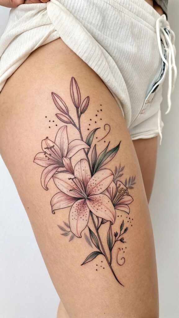 Lily Tattoos_ A Timeless Symbol of Beauty and Purity Floral tattoo on thigh featuring detailed lilies and leaves, showcasing intricate black and pink ink design on light skin. | Sky Rye Design Floral tattoo on thigh featuring detailed lilies and leaves, showcasing intricate black and pink ink design on light skin.