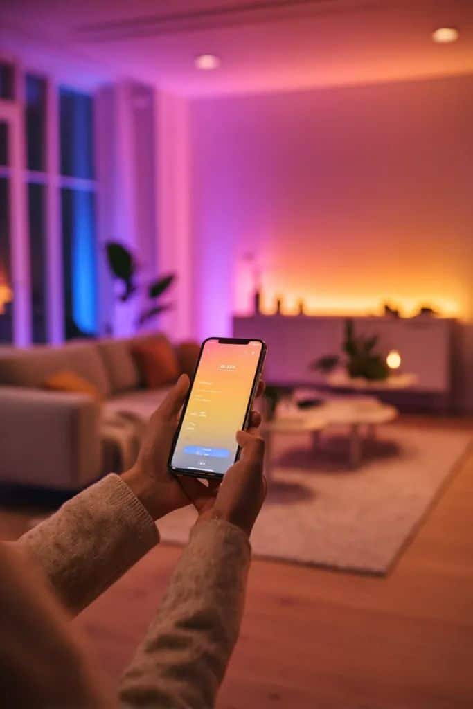 Person using smartphone app to control smart lighting in a cozy living room with colorful ambient lights.