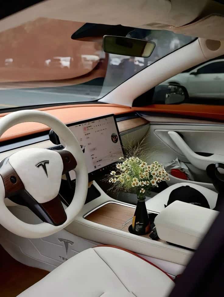 Luxury car interior featuring a Tesla dashboard, sleek white seats, and a floral arrangement on the console for a touch of elegance.