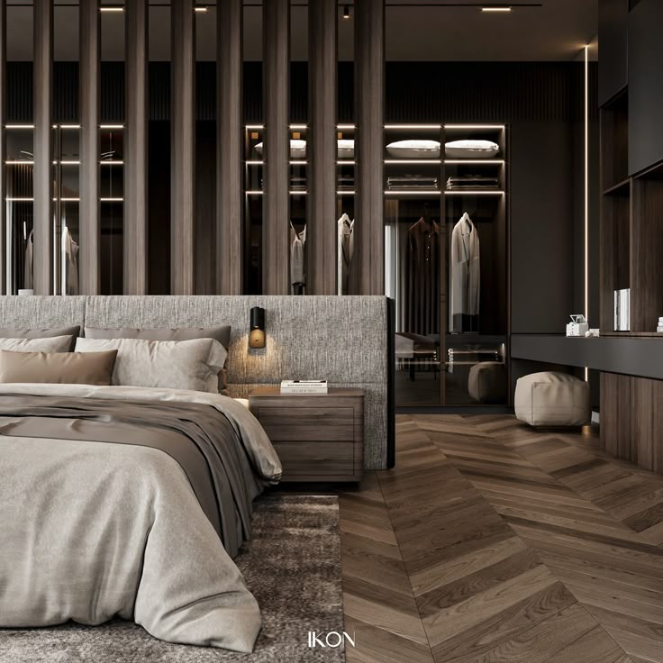 MASTER BEDROOM Luxurious modern bedroom with wooden accents, featuring a cozy bed, elegant lighting, and a stylish walk-in wardrobe. | Sky Rye Design Luxurious modern bedroom with wooden accents, featuring a cozy bed, elegant lighting, and a stylish walk-in wardrobe.