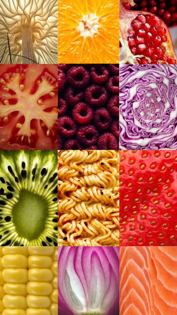 Macro photography food images Collage of colorful food and nature textures, including mushrooms, fruits, vegetables, and more, showcasing vibrant patterns and details. | Sky Rye Design Collage of colorful food and nature textures, including mushrooms, fruits, vegetables, and more, showcasing vibrant patterns and details.