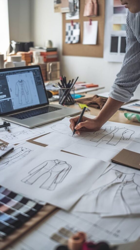Fashion designer sketching clothing patterns on a desk with a laptop displaying designs, surrounded by color swatches and tools.