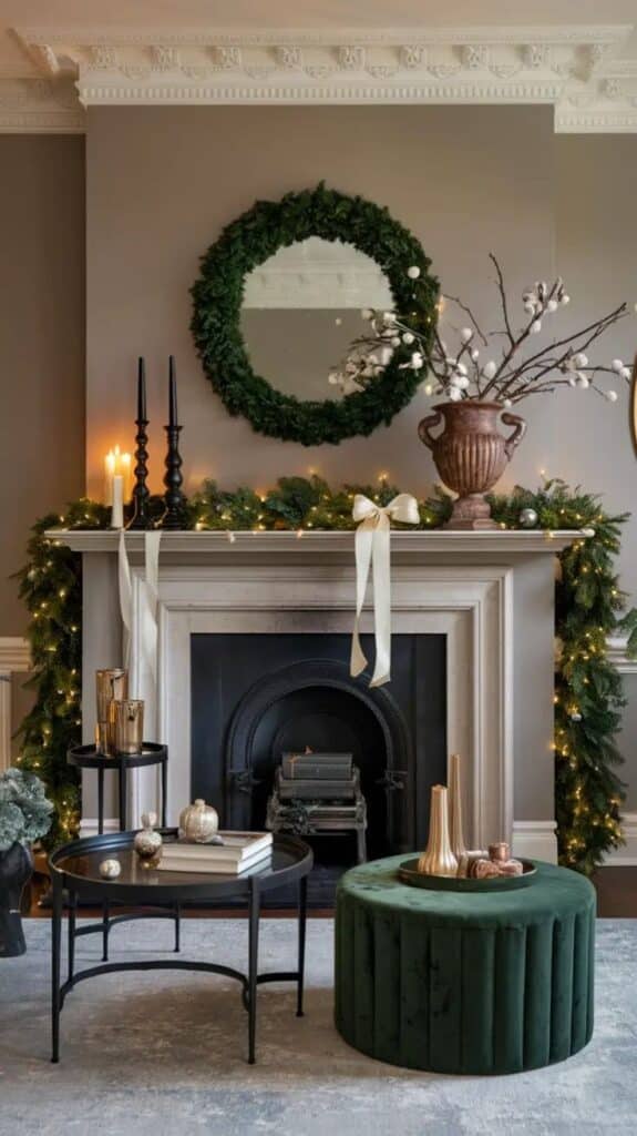 Mantle Xmas Decorations Ideas 2026 _ Vintage Modern Mantel Decor Elegant holiday decor with a green wreath, candles, and garland on a mantel, creating a festive and cozy living room atmosphere. | Sky Rye Design Elegant holiday decor with a green wreath, candles, and garland on a mantel, creating a festive and cozy living room atmosphere.