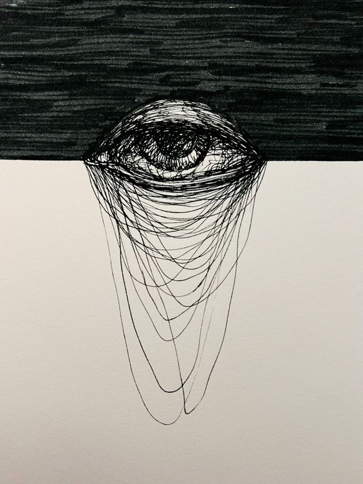 Surreal monochrome drawing of an eye on a dark background with cascading lines, blending abstract art and intricate line work.