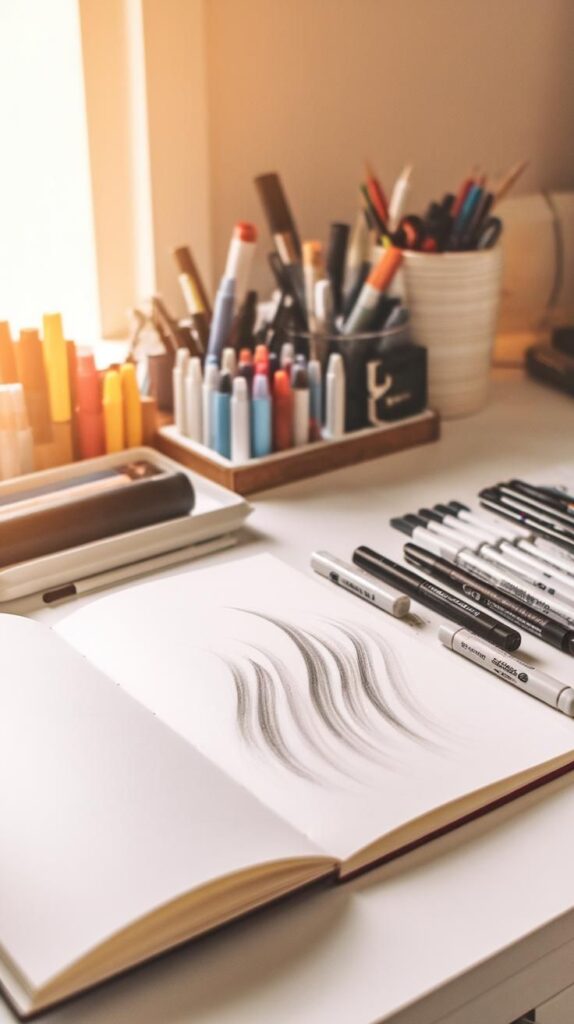 Master Art Markers_ Unlock Your Creative Potential Art supplies scattered on a desk with an open sketchbook featuring pencil strokes, ideal for creative inspiration and artistic workspaces. | Sky Rye Design Art supplies scattered on a desk with an open sketchbook featuring pencil strokes, ideal for creative inspiration and artistic workspaces.