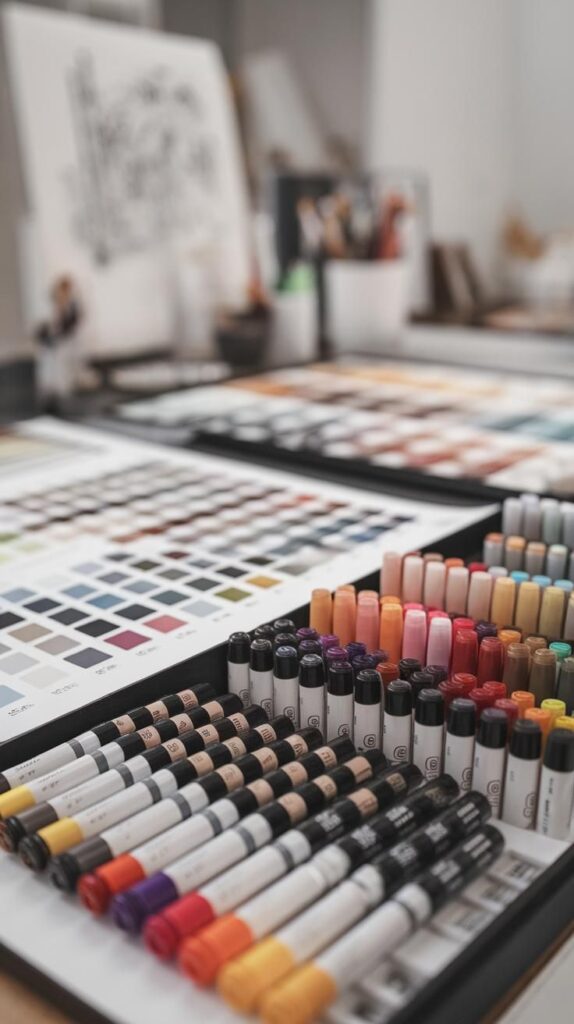 Colorful markers and swatches on an organized artist's desk, showcasing a variety of hues for creative projects.