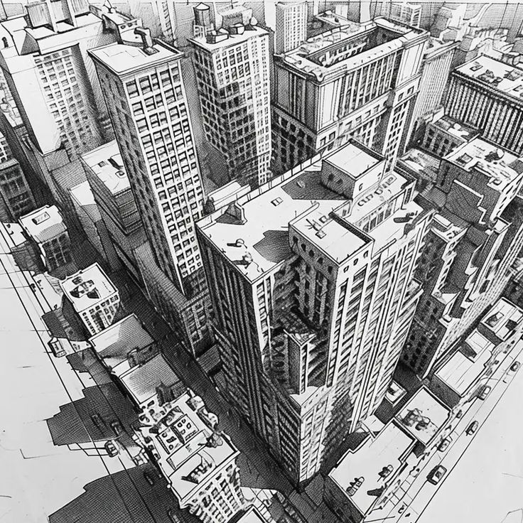 Master Three Point Perspective With This Step- By-Step Guide Black and white illustration of an aerial cityscape with tall buildings and streets, showcasing urban architecture and geometric patterns. | Sky Rye Design Black and white illustration of an aerial cityscape with tall buildings and streets, showcasing urban architecture and geometric patterns.
