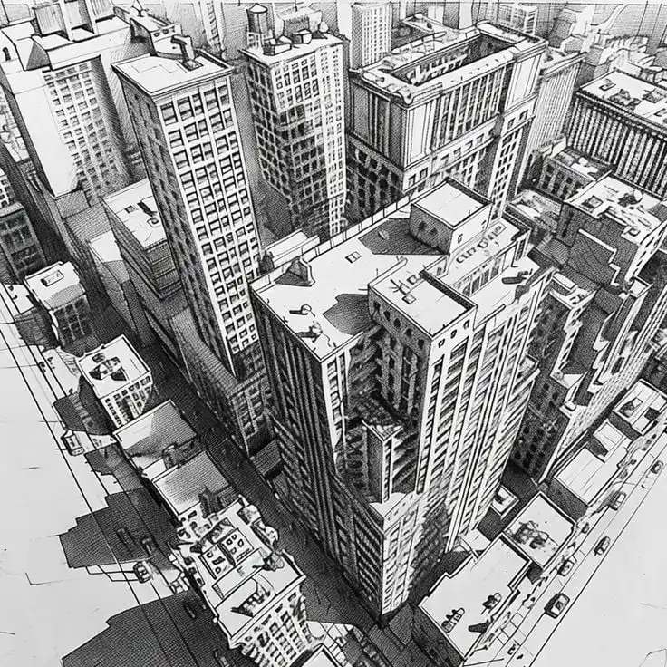 Black and white illustration of an aerial cityscape with tall buildings and streets, showcasing urban architecture and geometric patterns.