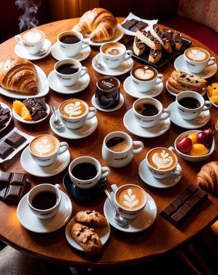 An assortment of cappuccinos and black coffee cups on a wooden table with croissants, chocolate, and pastries for a cozy breakfast display.