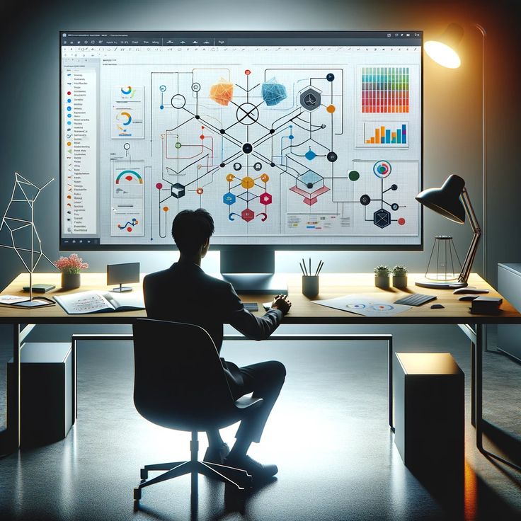 Mastering Diagrams_ An In-depth Review of Microsoft Visio Training Person analyzing a complex data flowchart on a large computer screen, surrounded by office items, emphasizing digital workflow analysis. | Sky Rye Design Person analyzing a complex data flowchart on a large computer screen, surrounded by office items, emphasizing digital workflow analysis.