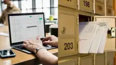 Person checking emails on a laptop and letters in a mailbox, highlighting communication through digital and traditional mail.
