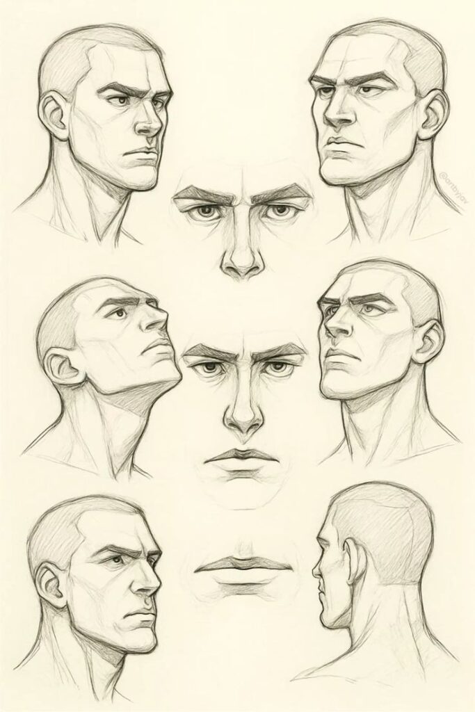 Men drawing with strong facial features and upward angles in clean pencil sketch style reference✏️ Sketch of a male head showing various angles and expressions, highlighting strong facial features and artistic shading techniques. | Sky Rye Design Sketch of a male head showing various angles and expressions, highlighting strong facial features and artistic shading techniques.