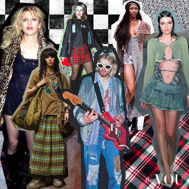 Mens Fashion and Style Guides _ The VOU Collage of grunge fashion style featuring plaid skirts, ripped jeans, layered outfits, and rock-n-roll influence. | Sky Rye Design Collage of grunge fashion style featuring plaid skirts, ripped jeans, layered outfits, and rock-n-roll influence.