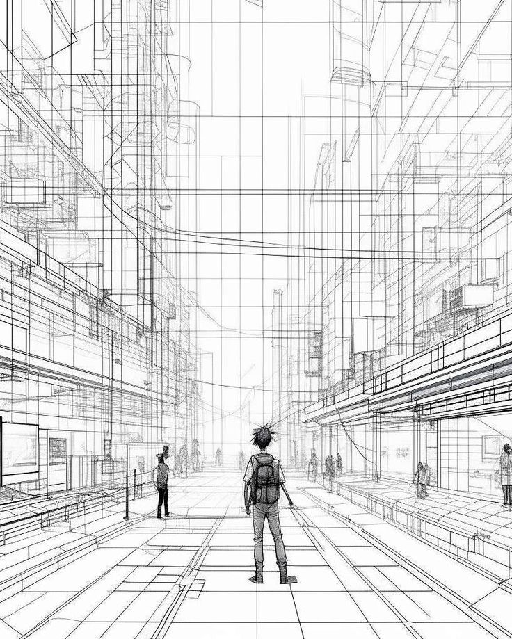 Metropolis in Monochrome Futuristic cityscape sketch showing a person with a backpack in a complex, wireframe environment, illustrating urban architecture. | Sky Rye Design Futuristic cityscape sketch showing a person with a backpack in a complex, wireframe environment, illustrating urban architecture.