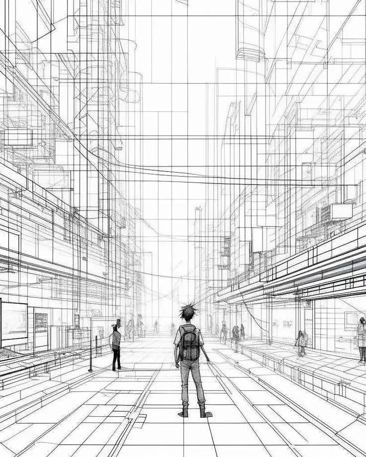 Futuristic cityscape sketch showing a person with a backpack in a complex, wireframe environment, illustrating urban architecture.