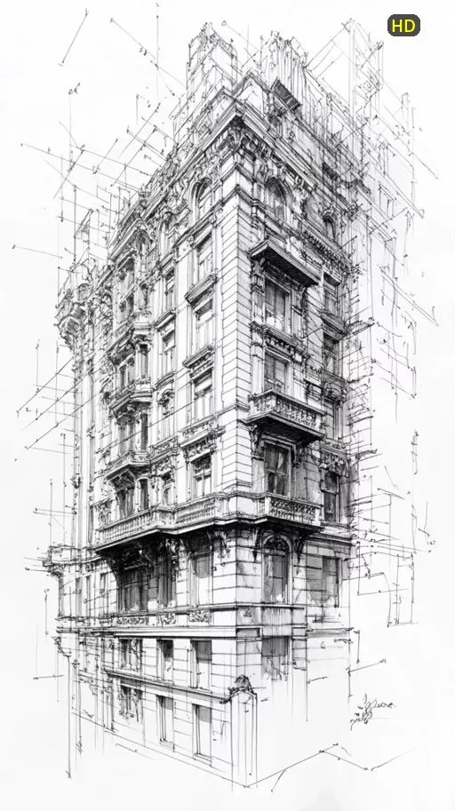Midjourney_ Detailed architectural drawing of a European-style multi-story building_ Detailed architectural sketch of an ornate, multi-story urban building with intricate facade details and perspective lines, in black and white. | Sky Rye Design Detailed architectural sketch of an ornate, multi-story urban building with intricate facade details and perspective lines, in black and white.
