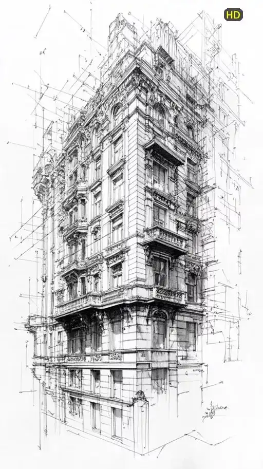 Detailed architectural sketch of an ornate, multi-story urban building with intricate facade details and perspective lines, in black and white.