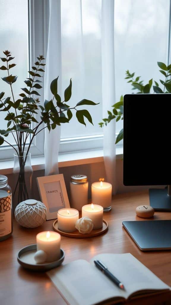 Mindfulness and Relaxation Space Cozy home office setup with lit candles, open notebook, and greenery near a window, creating a warm and inviting workspace ambiance. | Sky Rye Design Cozy home office setup with lit candles, open notebook, and greenery near a window, creating a warm and inviting workspace ambiance.