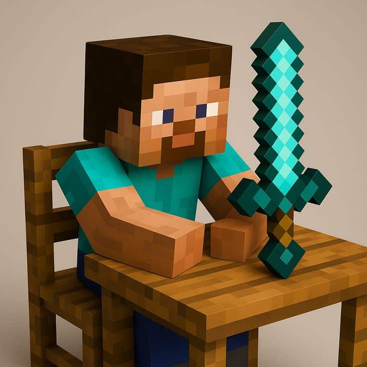 Minecraft Steve at the Table with Diamond Sword Pixelated character holding a diamond sword, sitting at a wooden table, resembling a scene from a popular block-based video game. | Sky Rye Design Pixelated character holding a diamond sword, sitting at a wooden table, resembling a scene from a popular block-based video game.