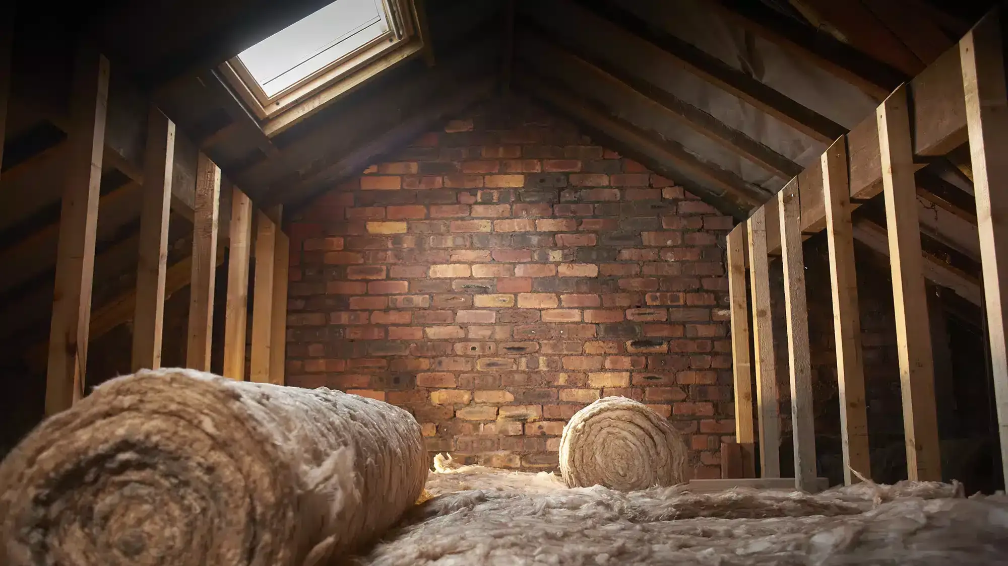 Mineral-Wool-Loft-Insulation-CREDIT-iStock-Sturti Attic insulation rolls in an unfinished loft space, with exposed brick wall and a skylight window above for natural light. | Sky Rye Design Attic insulation rolls in an unfinished loft space, with exposed brick wall and a skylight window above for natural light.