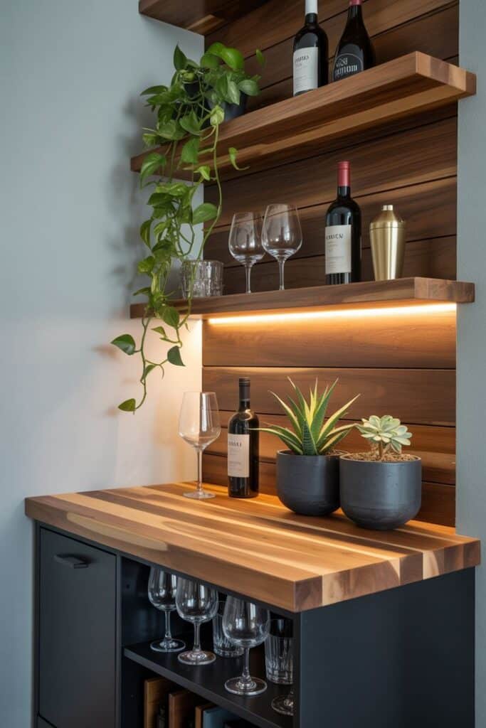 Mini Bar 1 Modern home bar with wine bottles, glasses, plants, and warm wood accents. Shelves feature ambient lighting. Cozy entertaining space. | Sky Rye Design Modern home bar with wine bottles, glasses, plants, and warm wood accents. Shelves feature ambient lighting. Cozy entertaining space.