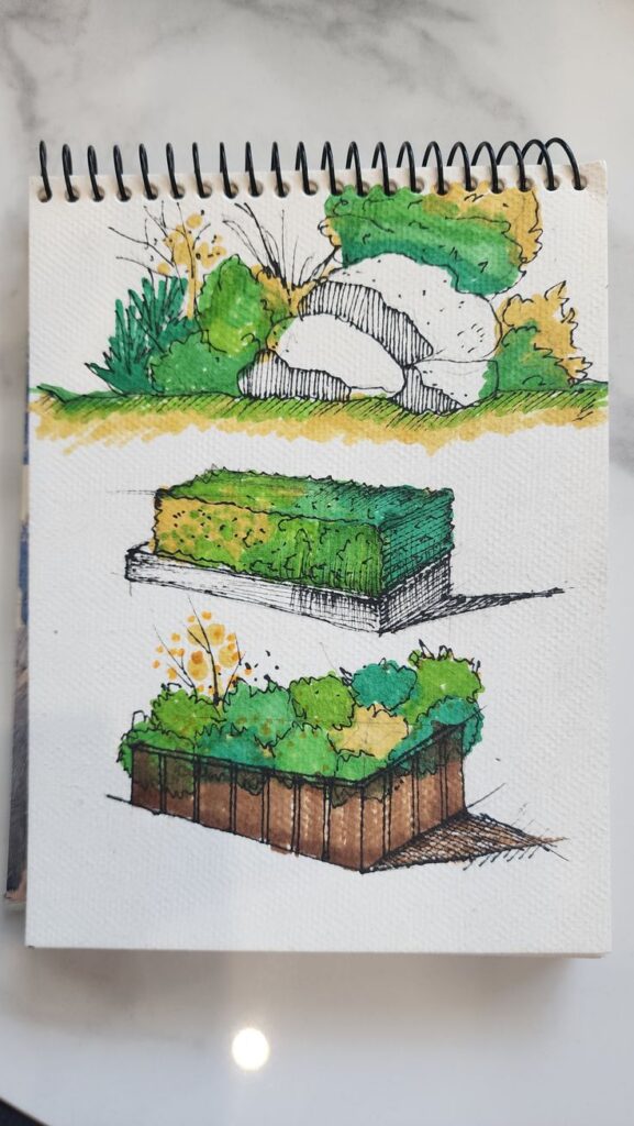Mini Landscape Sketches _ Calm Architectural Drawing Sketchbook with colorful garden design concepts, featuring bushes, rocks, and raised beds. Ideal for landscape planning inspiration. | Sky Rye Design Sketchbook with colorful garden design concepts, featuring bushes, rocks, and raised beds. Ideal for landscape planning inspiration.
