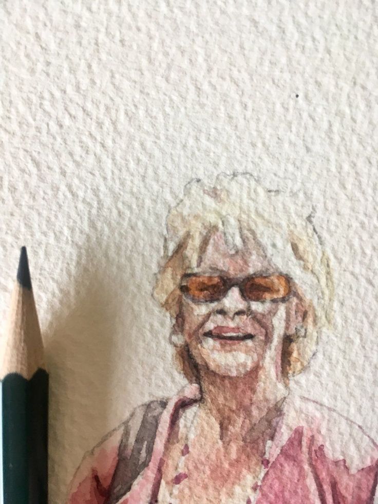 Mini Portrait - SR Studio Watercolor portrait of a woman with sunglasses beside a pencil on textured paper. | Sky Rye Design Watercolor portrait of a woman with sunglasses beside a pencil on textured paper.