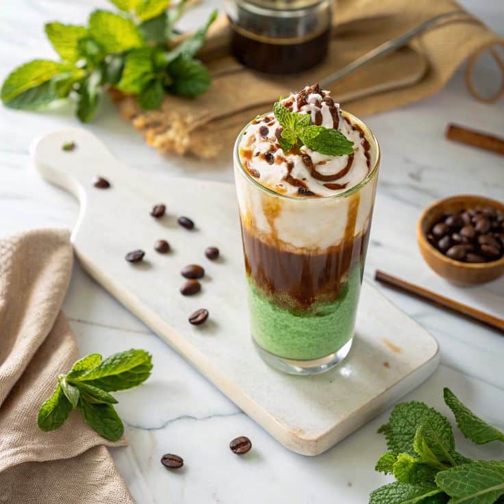 Layered iced coffee with whipped cream, chocolate syrup, and mint garnish on a marble board, surrounded by coffee beans and fresh mint.