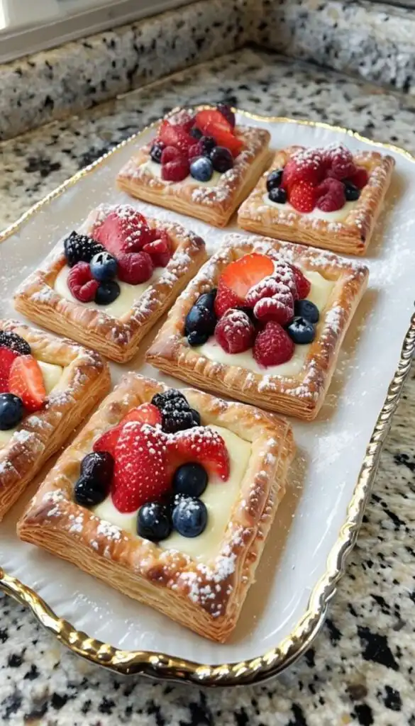 Delicious puff pastries topped with fresh strawberries, raspberries, and blueberries, dusted with powdered sugar on a decorative tray.