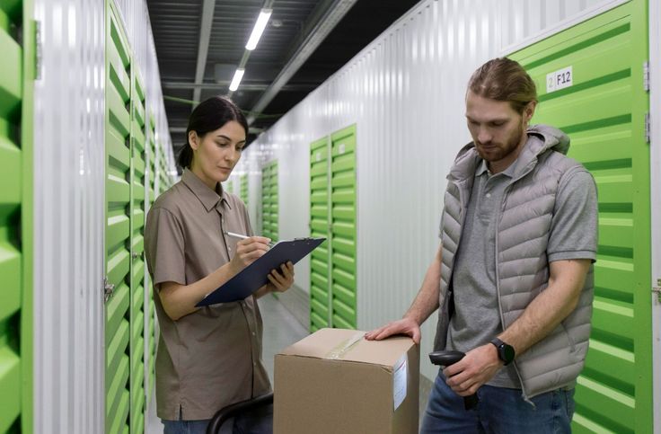 Warehouse staff checking inventory with a clipboard and scanner in storage facility with green doors.
