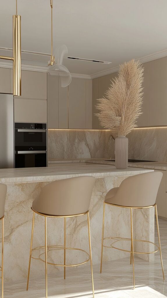 Modern Beige Kitchen with Elegant Accents Modern kitchen with beige cabinetry, marble island, gold accents, and stylish bar stools. Decorated with pampas grass in a vase. | Sky Rye Design Modern kitchen with beige cabinetry, marble island, gold accents, and stylish bar stools. Decorated with pampas grass in a vase.