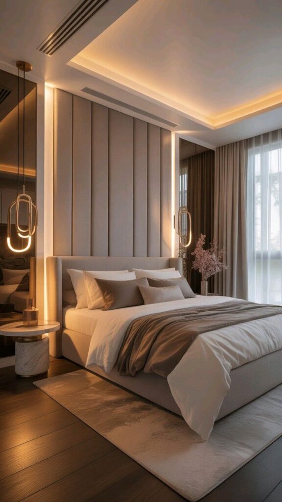 Modern Cozy Bedroom Aesthetic Ideas 🛏️ Modern bedroom with soft lighting, neutral tones, and elegant decor, featuring a plush bed and stylish pendant lights. | Sky Rye Design Modern bedroom with soft lighting, neutral tones, and elegant decor, featuring a plush bed and stylish pendant lights.