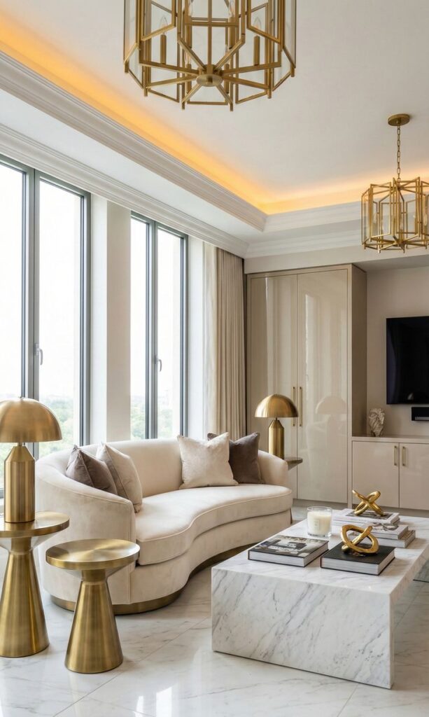 Modern Glam Living Room Luxury Home Decor Stunning High-End Design Luxurious modern living room with elegant beige sofa, gold lamps, marble table, and large windows offering natural light and scenic views. | Sky Rye Design Luxurious modern living room with elegant beige sofa, gold lamps, marble table, and large windows offering natural light and scenic views.