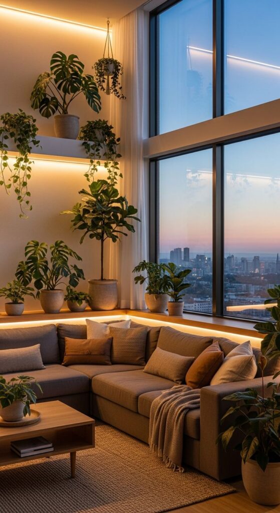 Modern Indoor Oasis Living Room Ideas with Sunset Views Cozy Plant Decor Modern living room with cozy sectional sofa, lush green plants, and large windows showcasing a cityscape sunset. | Sky Rye Design Modern living room with cozy sectional sofa, lush green plants, and large windows showcasing a cityscape sunset.