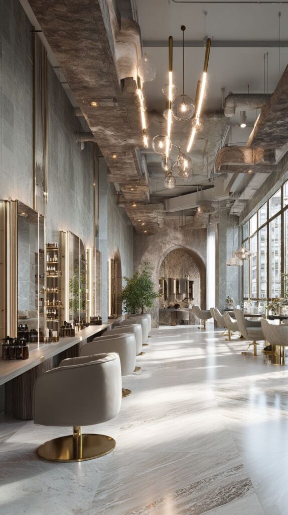 Luxurious modern salon with elegant decor, featuring plush chairs, stylish lighting, and expansive mirrors in a bright, airy space.