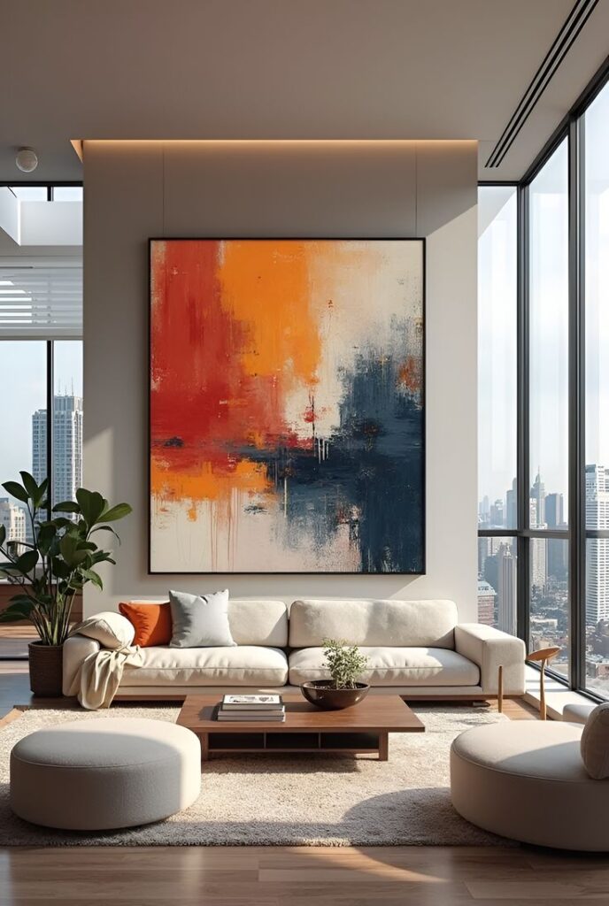 Modern living room with abstract art, large windows, and minimalist decor. Cozy beige sofa, plants, and natural light enhance elegance.