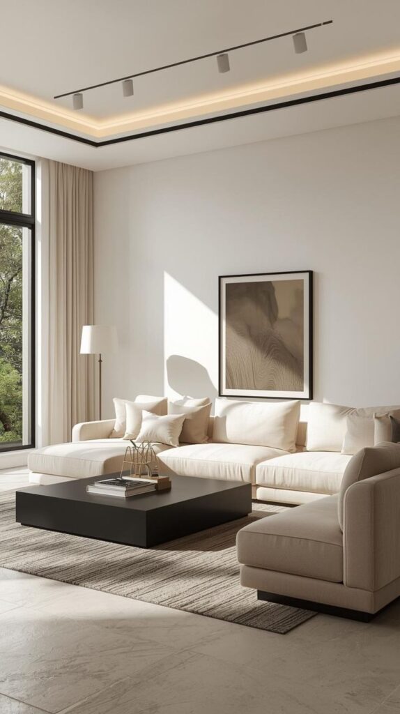 Modern Minimalist Home Decor Calm Luxury Home Ideas Modern living room with beige sectional sofa, black coffee table, floor lamp, and wall art in natural light. Stylish and minimalist decor. | Sky Rye Design Modern living room with beige sectional sofa, black coffee table, floor lamp, and wall art in natural light. Stylish and minimalist decor.