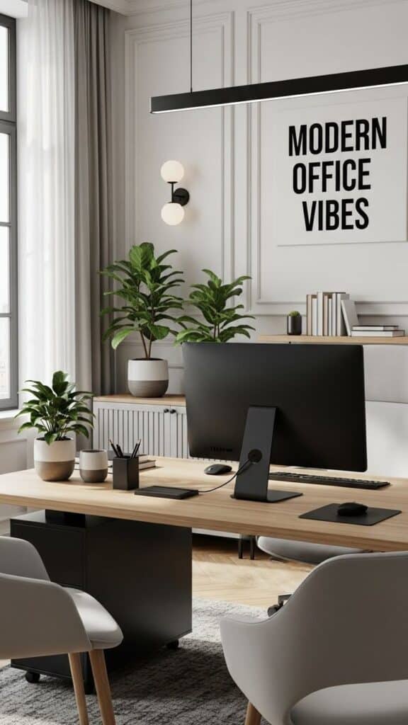 Modern Office Vibes Modern office setup with desktop computer, stylish decor, and green plants, conveying a contemporary and productive work environment. | Sky Rye Design Modern office setup with desktop computer, stylish decor, and green plants, conveying a contemporary and productive work environment.