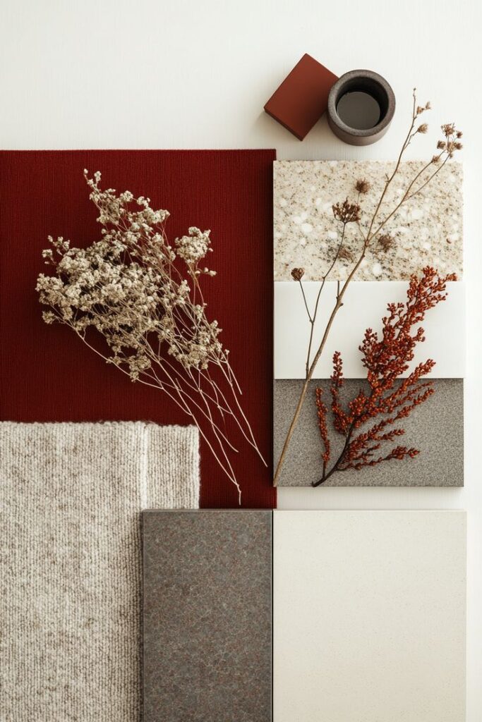 Modern Texture Palette _ Современная палитра текстур Modern interior design flat lay with red, white, and gray textures, dried flowers, swatches, and ceramics for creative inspiration. | Sky Rye Design Modern interior design flat lay with red, white, and gray textures, dried flowers, swatches, and ceramics for creative inspiration.