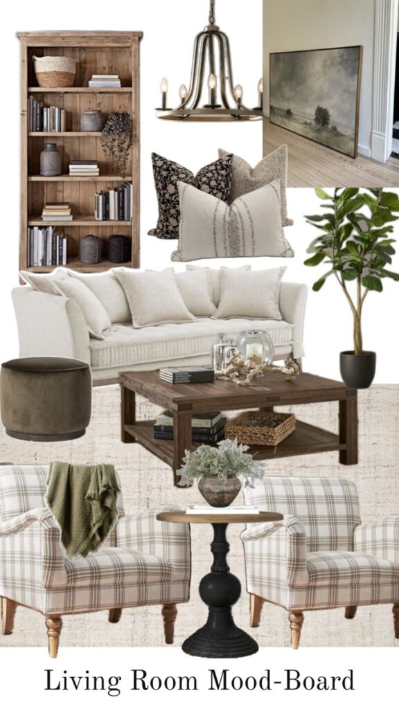 Modern farmhouse_ Cozy living room mood board with neutral sofa, plaid chairs, rustic wood furniture, and decorative accents for an inviting space. | Sky Rye Design Cozy living room mood board with neutral sofa, plaid chairs, rustic wood furniture, and decorative accents for an inviting space.