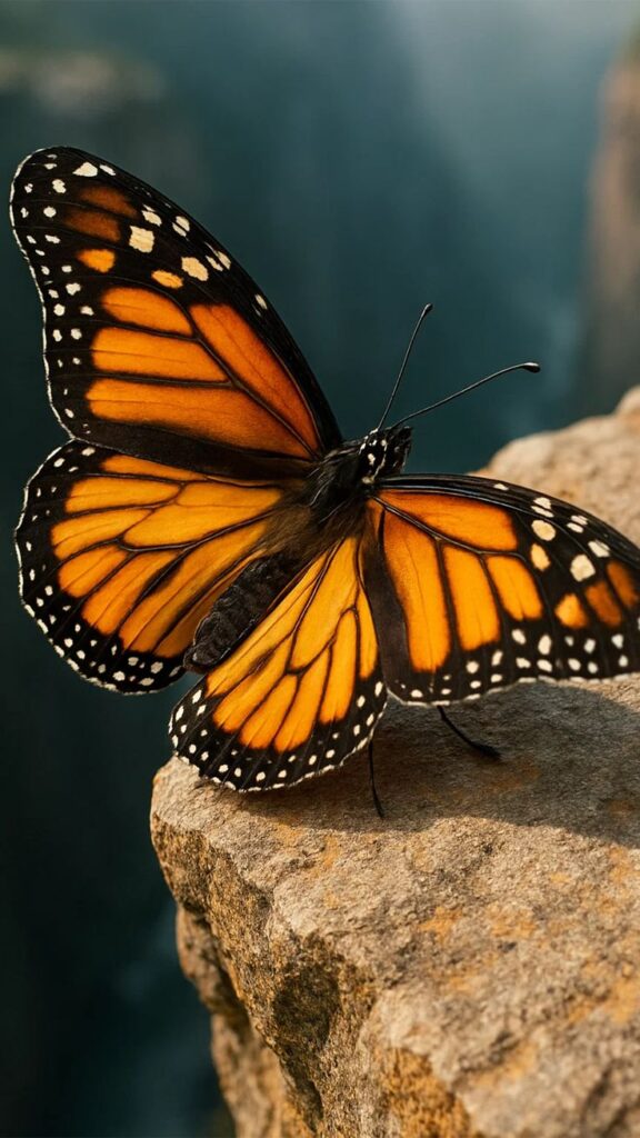Monarch Butterfly Macro Nature Photography Monarch butterfly with vibrant orange and black wings perched on a rocky surface in natural habitat, captured in detail. | Sky Rye Design Monarch butterfly with vibrant orange and black wings perched on a rocky surface in natural habitat, captured in detail.
