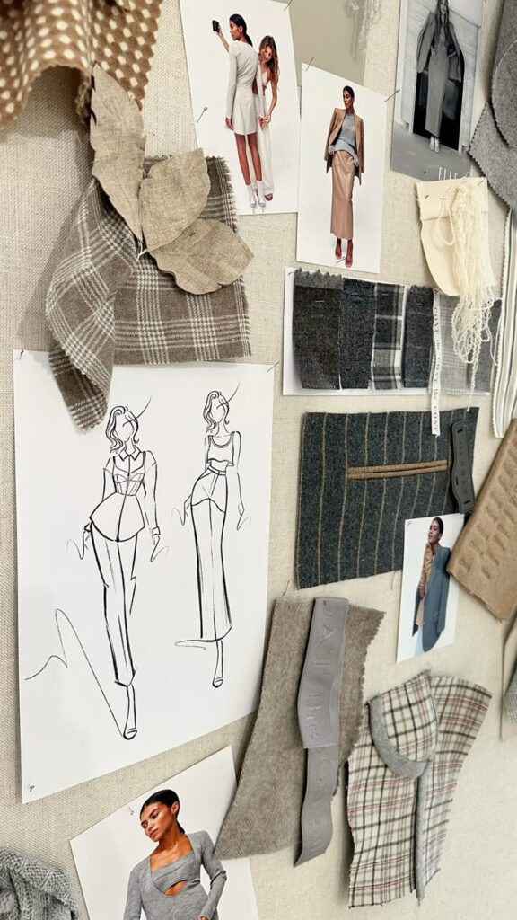 Moodboard by Yulia Pototska Fashion design board with sketches, fabric swatches, and model photos showcasing stylish, modern clothing concepts and textures. | Sky Rye Design Fashion design board with sketches, fabric swatches, and model photos showcasing stylish, modern clothing concepts and textures.