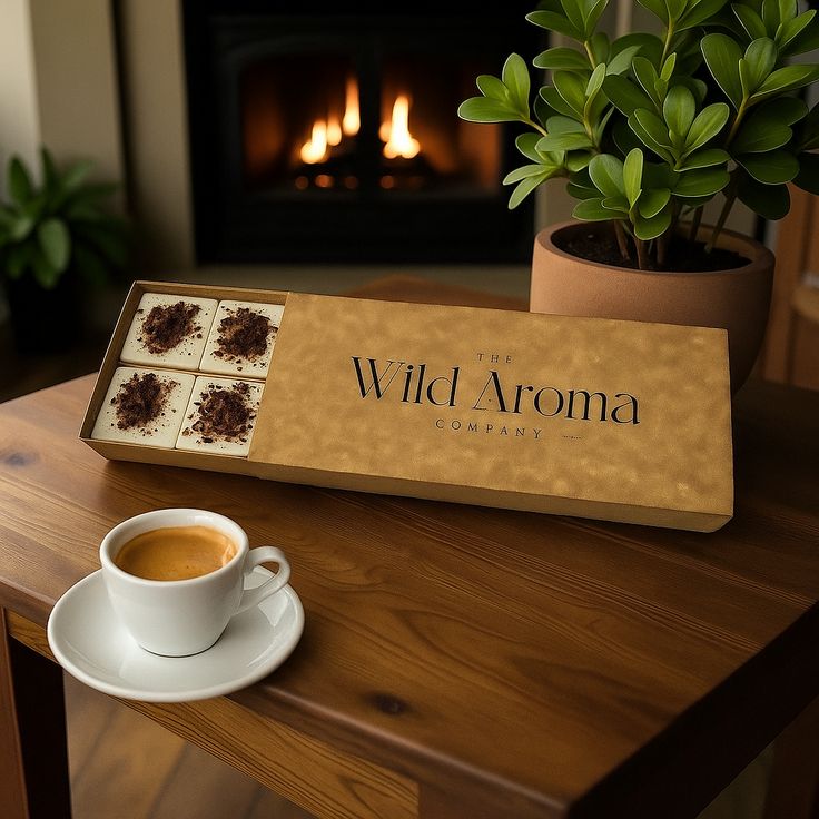 Box of chocolates labeled The Wild Aroma Company on a table with a cup of espresso, plants, and a cozy fireplace in the background.